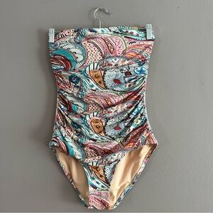J Crew Strapless One Piece Swimsuit Ratti Scribble Paisley Printed Ruched Slim 6